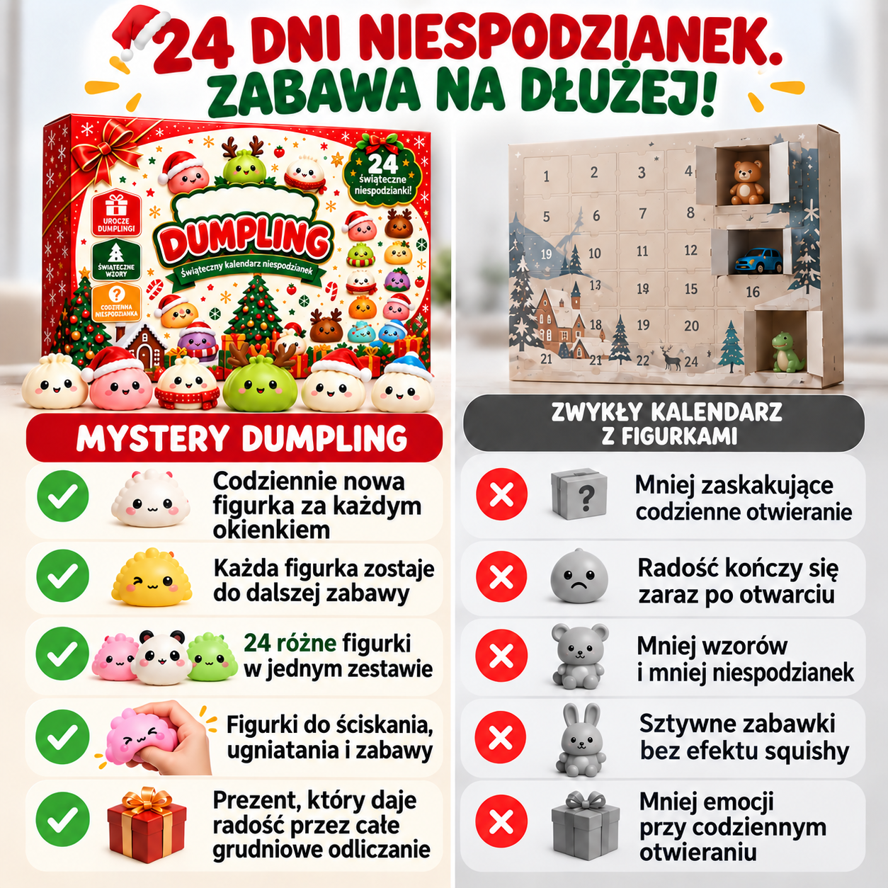 Porównanie kalendarza Mystery Dumpling z tradycyjnym kalendarzem adwentowym